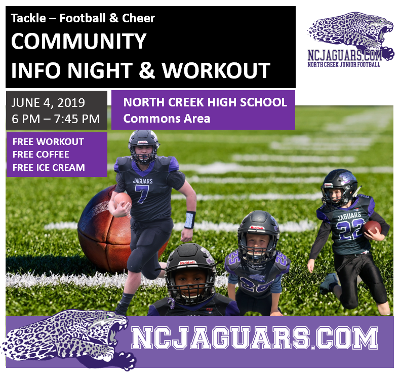 ncjaguars's tweet photo. Join us for our Community &amp; Info night on June 6, Free workout, free ice-cream, free coffee - learn about our program #northcreek #ncjaguars #youthfootball #juniorfootball #njfl - https://t.co/WV4kOVkQSI #bothell https://t.co/ck849R6PJH
