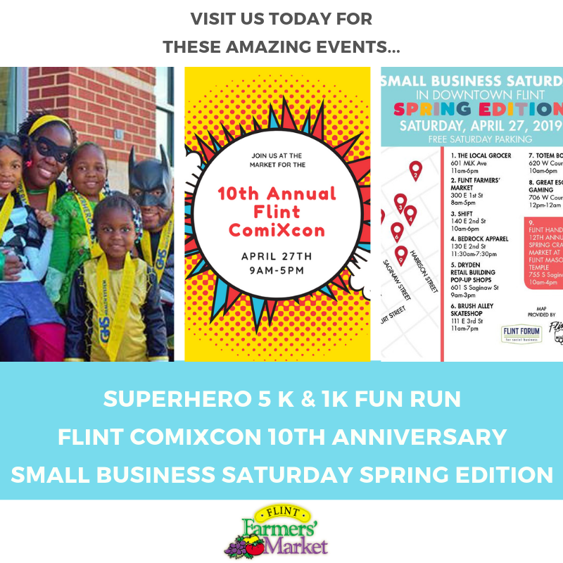 FlintFarmMarket's tweet photo. Join us for a day packed full of fun! Superhero Run, Flint ComiXCon, Small Business Saturday and a full market to explore.
#Flintfarmersmarket #Comixcon #Flintcomixcon #Superherorun #Flint #Geneseecounty #Smallbusinesssaturday #Flinthandmade #Superhero #Comics #Downtownflint https://t.co/qPu6pO91V5