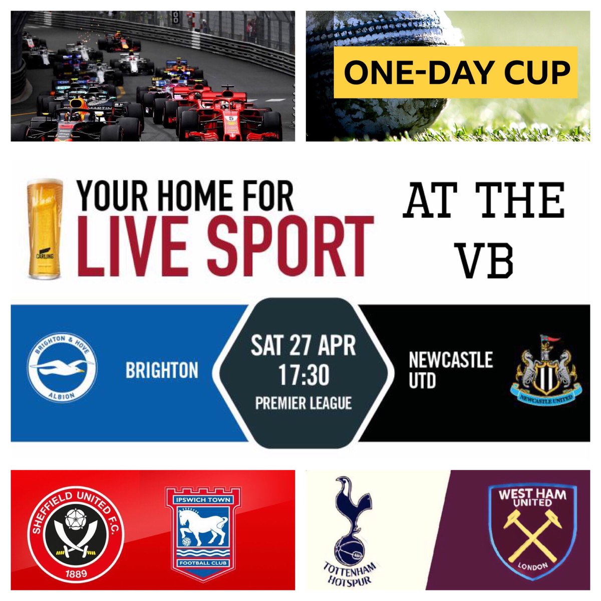 findonvalleybar's tweet photo. ⚽️🏏🏎 Live at the VB today🏎🏏⚽️

⚽️Football⚽️

⏰12.30 Kick Off
Tottenham V West Ham

⏰5.30 Kick Off
Brighton V Newcastle 
Sheffield Utd V Ipswich

🏎Formula 1🏎

⏰2pm Start
Azerbaijan Grand Prix Qualifying 

🏏Cricket🏏

⏰Live Now
Middlesex V Sussex in the One Day Cup https://t.co/GamMTC56x9