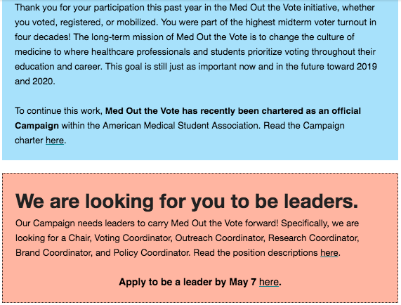 progressiveMDs's tweet photo. #MedTwitter: want to tackle the political determinants of health?

Apply to be 
@medoutthevote's Chair, Voting Coordinator, Outreach Coordinator, Research Coordinator, Brand Coordinator, and Policy Coordinator.

Application: https://t.co/ZBEanDQosp

@AMSANational  @eafAMSA https://t.co/V8gxDVS9lZ