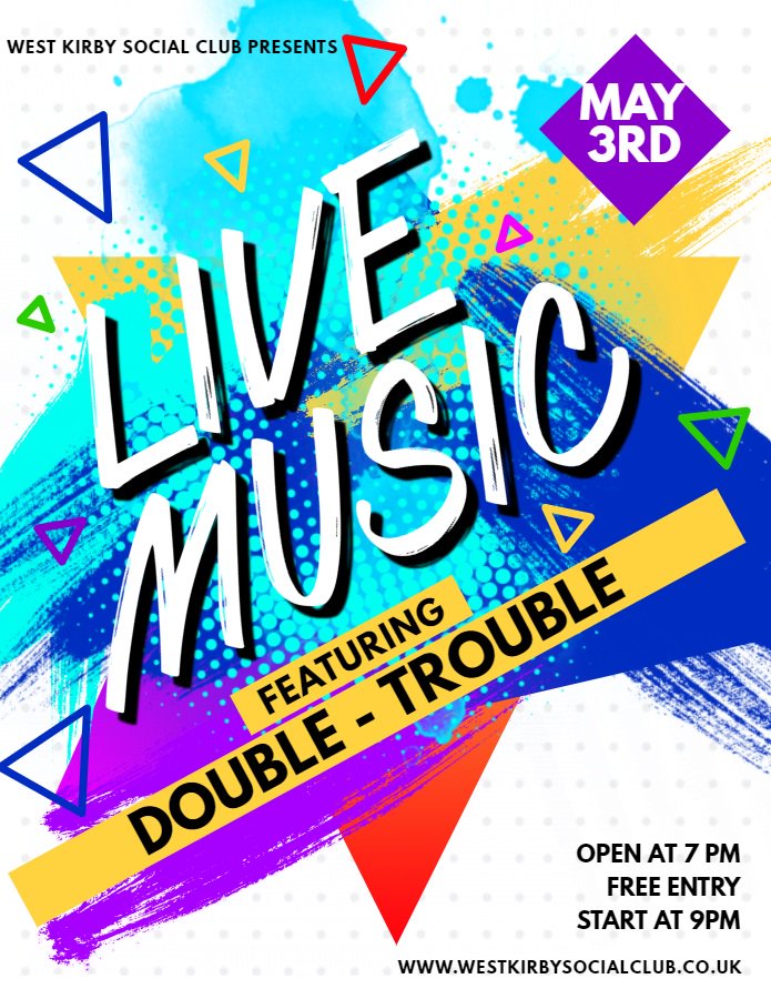 WestKirbySocialClub (@wksocialclub) on Twitter photo Just to let you know live music will return to the <a href="/WKSocialClub/">WestKirbySocialClub</a> next Friday. We're delighted to introduce Double Trouble for the first time, so come down to give them a warm welcome. It's free entry & the music starts at 9 pm. #livemusic #wirral #westkirby Just to let you know live music will return to the <a href="/WKSocialClub/">WestKirbySocialClub</a> next Friday. We're delighted to introduce Double Trouble for the first time, so come down to give them a warm welcome. It's free entry & the music starts at 9 pm. #livemusic #wirral #westkirby