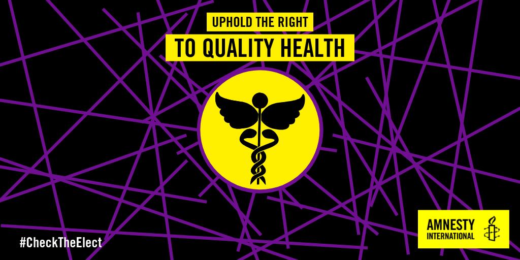 AmnestySAfrica's tweet photo. The #RightToHealth for All must be upheld with the provision of quality, accessible, affordable and acceptable health services. #CheckTheElect #FreedomDay #SAElections2019 https://t.co/wjtQyPpaUb