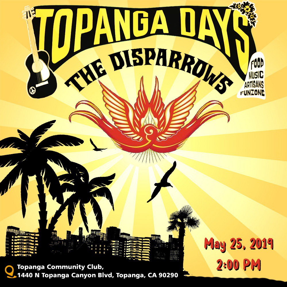 thedisparrows's tweet photo. This #MemorialDay, watch @thedisparrows perform LIVE at the famous @TopangaDays on May 25th 2019!!
For tickets and other details: https://t.co/JsfEnp1Q37

@DanielWeber99 @S_Tecci #GrantLoosvelt @santiguardiol

#TheDisparrows #RnR #RocknRoll  #TopangaDays #TopangaDays2019 https://t.co/bPf8XwaBUy