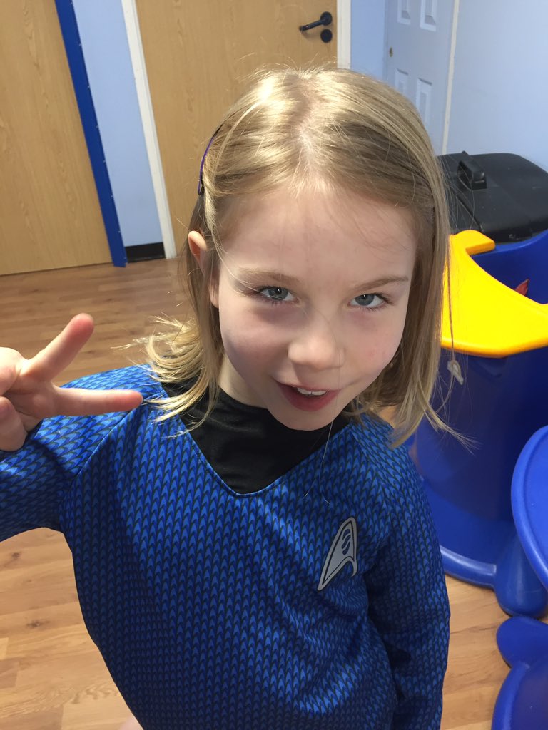 For reasons I’m not sure of this is eldest’s outfit choice for the day! #StarTrek #scienceofficer #boldlygo