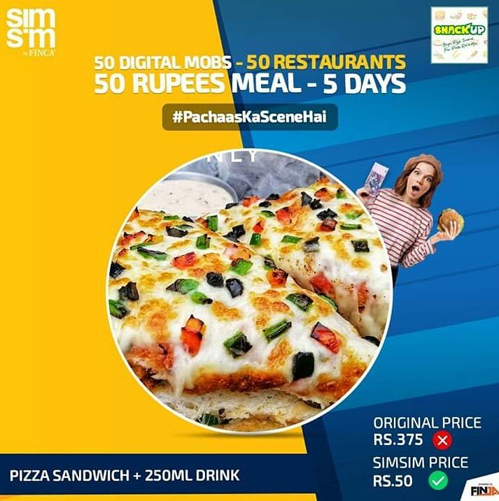 eatsnackup's tweet photo. Snackup in Collaboration with SimSim, and brings you an exciting offer this weekend. Enjoy SimSim Discount through their App. 
Pizza Sandwich + Drink #Rs375 (original price) 
Pizza Sandwich + Drink #Rs50 (SimSim price)

So grab your mobile and order now... 🎉
#PachaasKaSceneHai https://t.co/AbPafSBBJ7