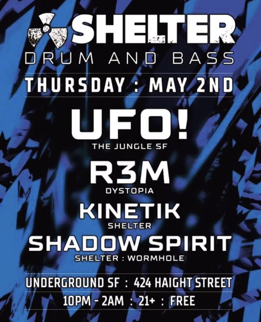 This THURSDAY MAY 2 2019 <a href="/ItsUFO/">UFO! 🔊👾</a> runnin through <a href="/underground_sf/">UNDERGROUND SF</a> <a href="/sheltersf/">SHELTER SF</a>  10pm | no cover | 21+ with ID #jungle #DrumandBass instagram.com/p/BwsWSJplCH4/…