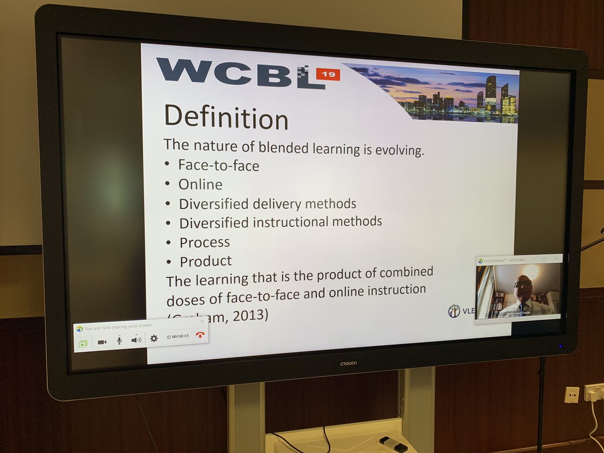 IABLblend's tweet photo. Virtual presentation by Mohammad Etedali on challenges and solutions in blended learning #wcbl2019 #iabl #zu #dubai https://t.co/9GOfbMeGff