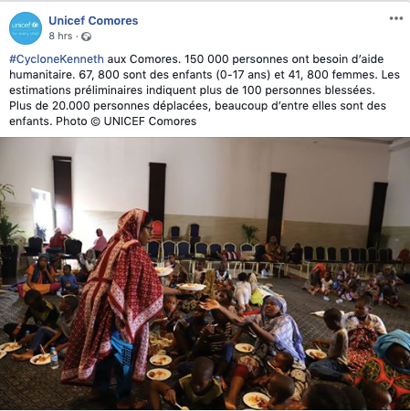 Wafahari269's tweet photo. Les premiers chiffres du bilan du passage du cyclone #Kenneth tombent. 20 000 déplacés et 150 000 sinistrés selon @UNICEF aux #Comores.
#Habari269
#SOSComores https://t.co/X2T3zga5ef