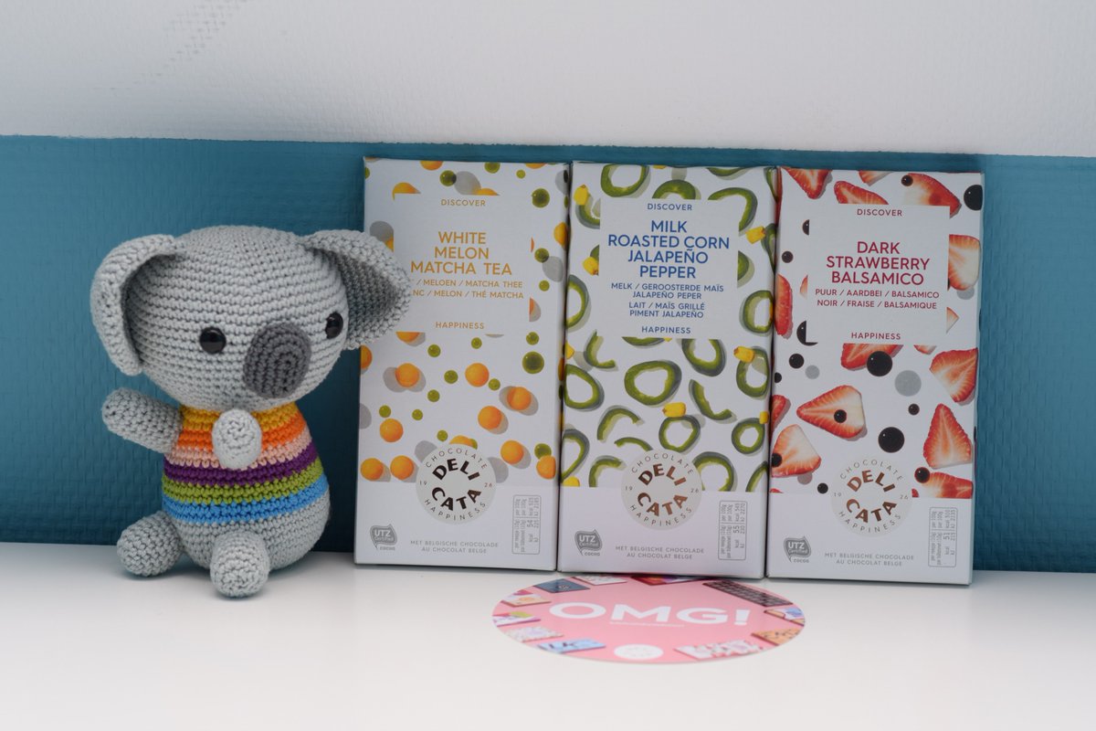CreatiesEllen's tweet photo. Week 3: Deze mooie verpakkingen lonken om getest te worden! Mmm, we gaan eerst de aardbei uitproberen :D #DelicataByDelhaize #DelhaizeAmbassadeurs #chocolate #koala #crochet #ellenbecreative https://t.co/VGhUAM7am7
