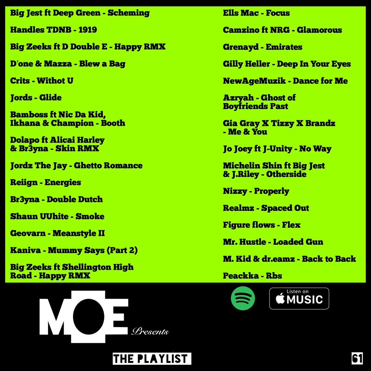 MOEPresents's tweet photo. #PlaylistUpdated 🙌🔥🕺🏽🎶🇬🇧

@Realmz1619 
@FigureFlows 
@mrhustle_
@officialmkid__ &amp; dr.eamz
@peachkkasux 

Have all been added to our playlist! 👀
Go check that out now!
https://t.co/lfIk5Tw6Jq

Available on #Spotify &amp; #AppleMusic 

#MOEPresents https://t.co/QHh3d8aab2