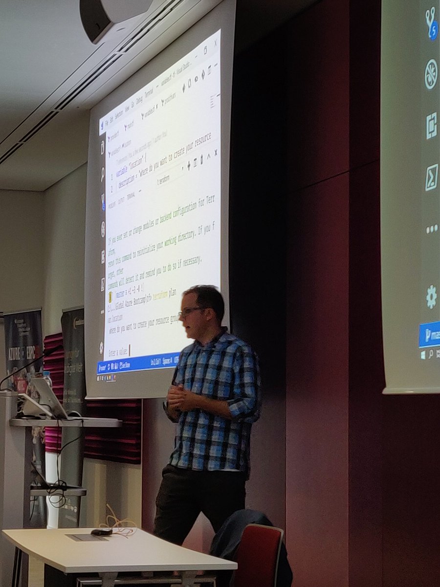 <a href="/maxmelcher/">Max Melcher</a> doing now a live demo of using #terraform "Terraform is introducing human readable error messages ;)" 

#GlobalAzure #Azure #GlobalAzureBootcamp