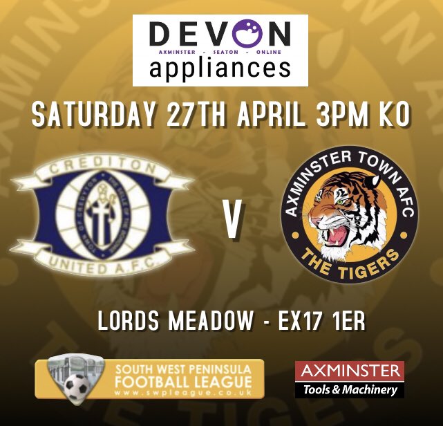 Axminstertownfc's tweet image. 🐅🐅🐅 MATCH DAY 🐅🐅🐅
This afternoon we play our final @swpleague game of the season as we travel to @CreddyAFC 3pm KO #Tigers @swsportsnews @midweekherald @eastdevonsport @AxminsterTools @devonappliances