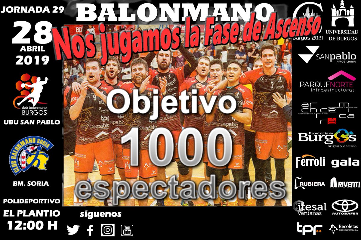 No te pierdas nuestro último partido en casa  <a href="/UBUdeportes/">UBU Deportes</a> <a href="/SanPabloInmo/">San Pablo Inmobiliaria</a> <a href="/BalonmanoBurgos/">Club Balonmano Burgos</a>  - <a href="/BalonmanoSoria/">Balonmano Soria</a>  y con una victoria podrás disfrutar de tres más en la fase de ascenso. comparte para alcanzar nuestro objetivo #1000 espectadores