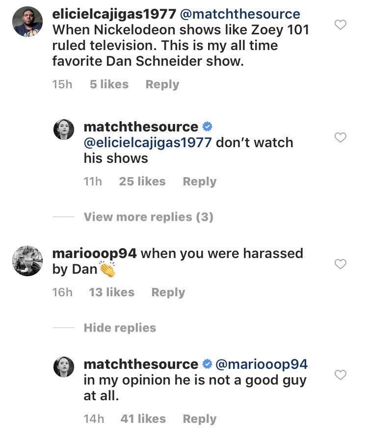 More evidence Alexa Nikolas, aka Nicole from Zoey 101, posted on her instagram saying not to watch Schneider’s shows and that he is a very bad guy.