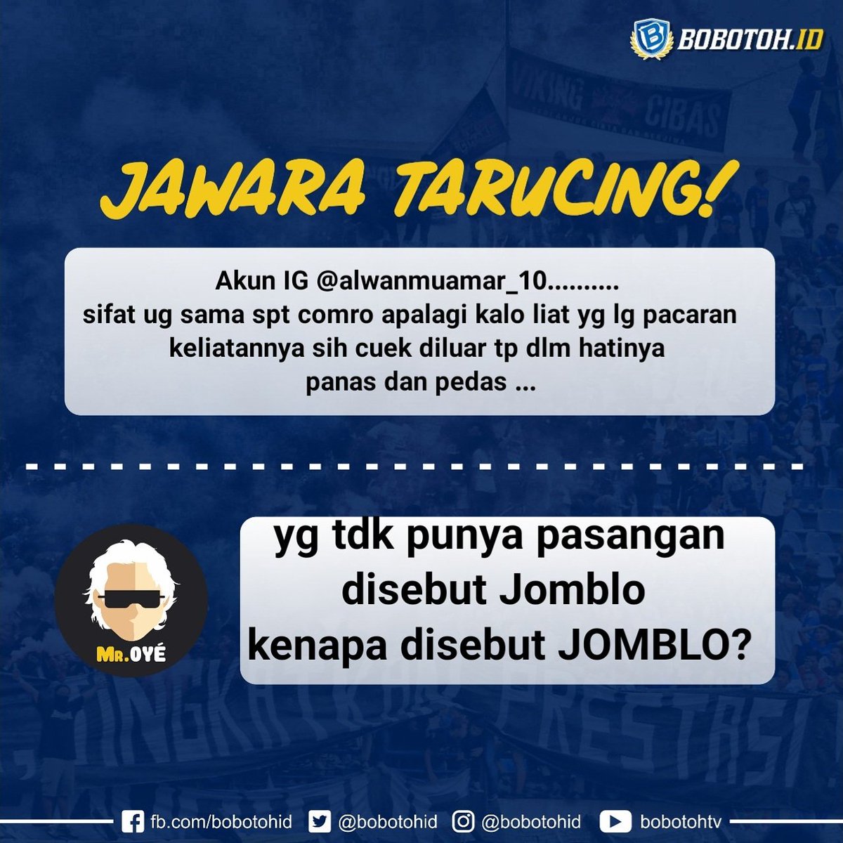 bobotohid's tweet photo. Jawara dari Akun Instagram  @alwanmuamar_10
Mangga DM data pribadi dan no WA aktif ...
Hadiah 100 ribu 
25 ribu pulsa 75 berupa voucher belanja di bobotohstore ....oyee ! 

#tatarucingan #tarucing #misteroye
#jawaratarucing https://t.co/yjnElPHCkC