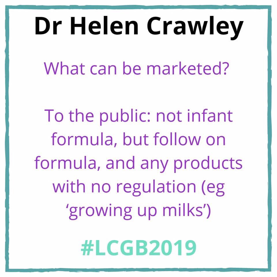 LCGB1994's tweet photo. Highlights Day 1 #LCGB2019:
Dr Helen Crawley from @1stepsnutrition on the techniques used in marketing infant formula, especially to health care workers.
#evidencebasedinformation #infantformula #marketing #breastmilksubstitute #scientific #factual #ConflictOfInterest #WHOcode https://t.co/uIeF93gmUS
