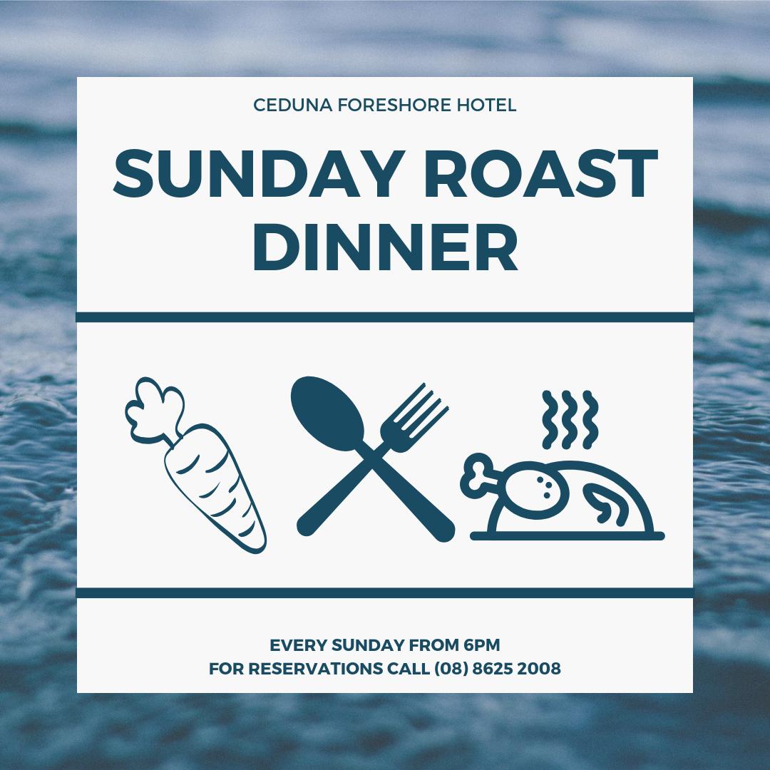 CedunaHotel's tweet photo. EVERY SUNDAY get a soup entree, your choice of roast meats, roast vegetables and salad from the buffet and a selection of deserts. That's a three course meal for just $25!  Our regular menu will also be available. Please call reception to book. See you there! 🍗 https://t.co/3UzFUlkkwp