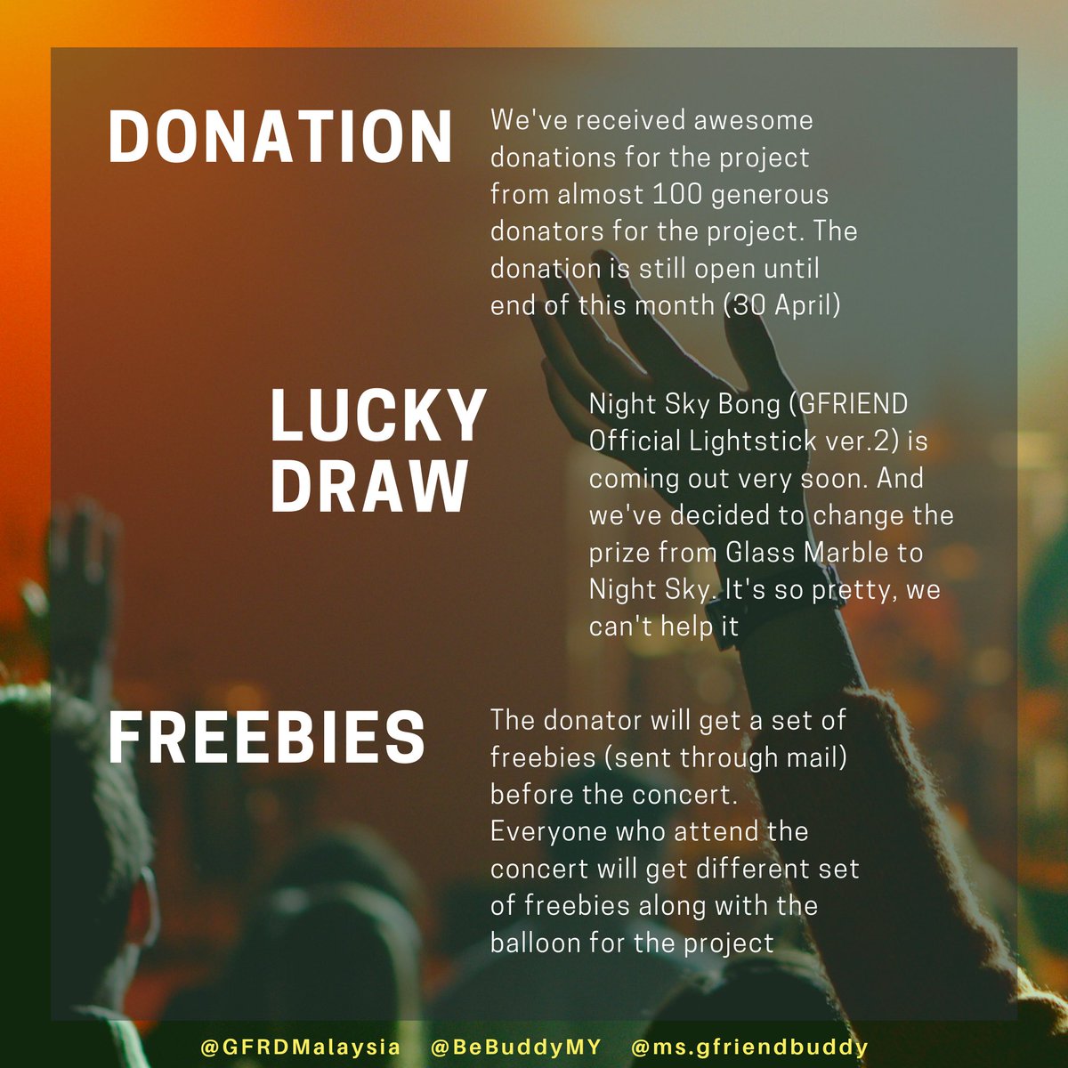 GFRDMalaysia's tweet photo. π£π£π£ Malaysian Buddy! Itβs #EndGameΒ week! For those who interested to be a donator, itβs now or never, mate! For more info regarding the project, please refer to the posters ya? ππ
#TimeForGFRIENDinMY #GO_GO_GFRIEND #GFRIENDinKL #GFRIENDinMY #GFRIENDDAZZLINGGALAXYPROJECT https://t.co/C91wIQ5o6F