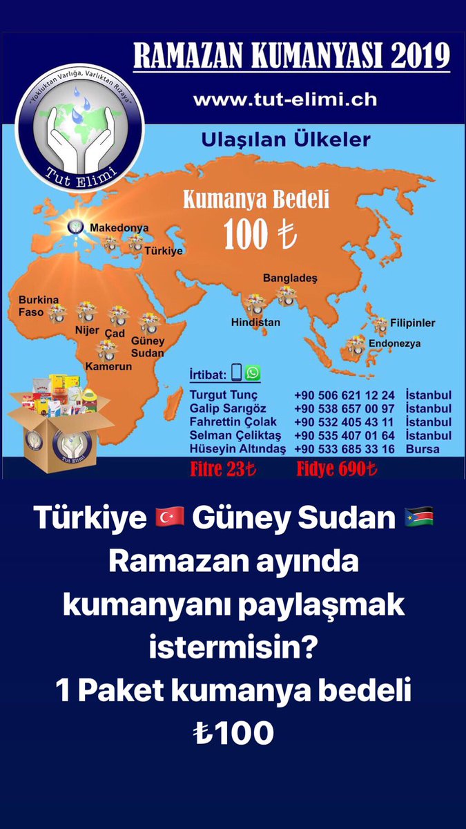 Sevgili Arkadaşlar,

Ramazan ayının yaklaşmasıyla Beraber  her yıl olduğu gibi bu yılda @tutelimidernegi olarak onlarca ülkeye ve ihtiyaç sahibi ailelere ulaşmak için yollara düşüyoruz.