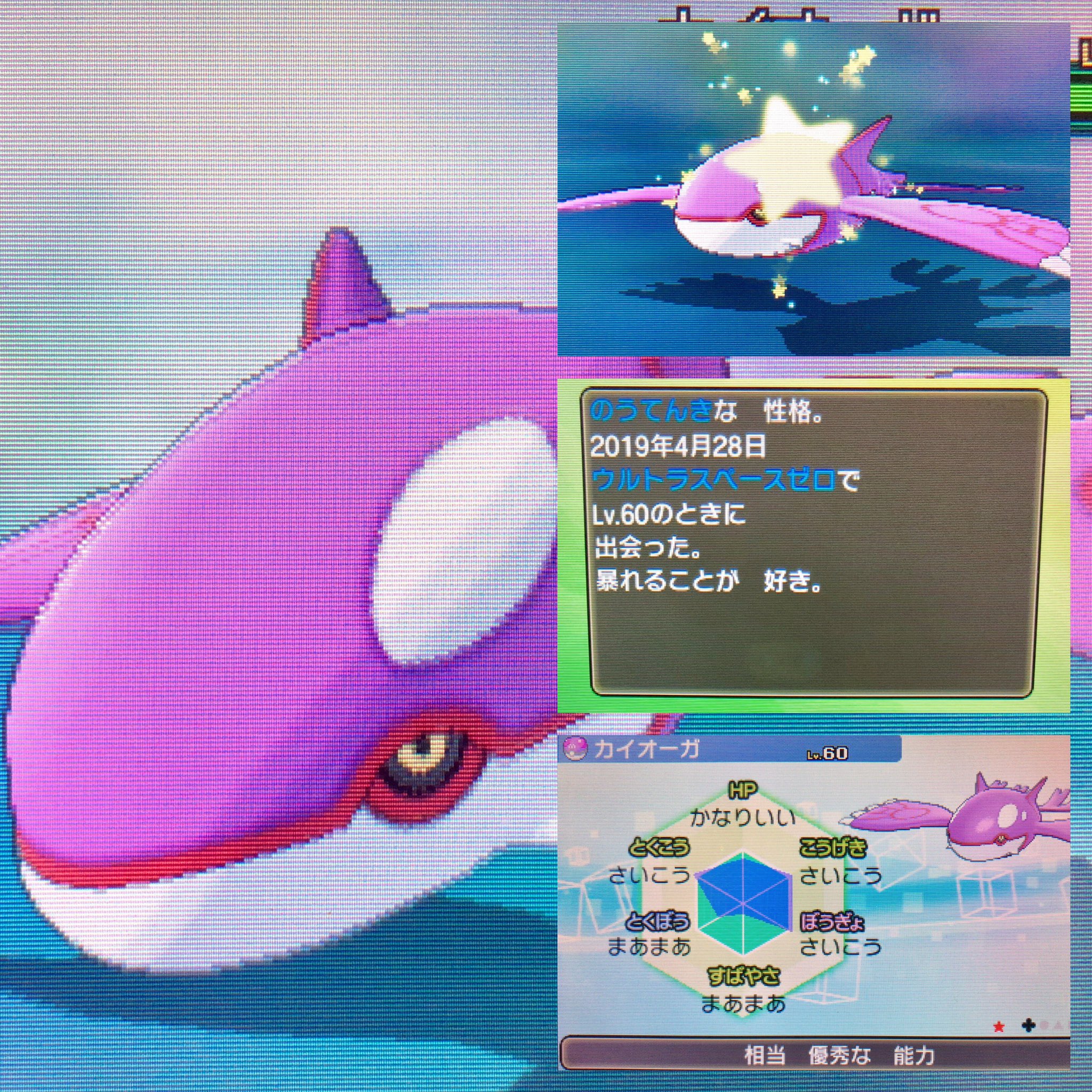 もち 低浮上気味 ひっさしぶりの色違い カイオーガが光りました 伝説捕獲久しぶりすぎて緊張した 笑 シンクロ失敗のうてんきでもう1回遊べるドン リセットだけど色違い出るとやっぱり嬉しいなあ どうでもいいけどマスボ使ったのhgss