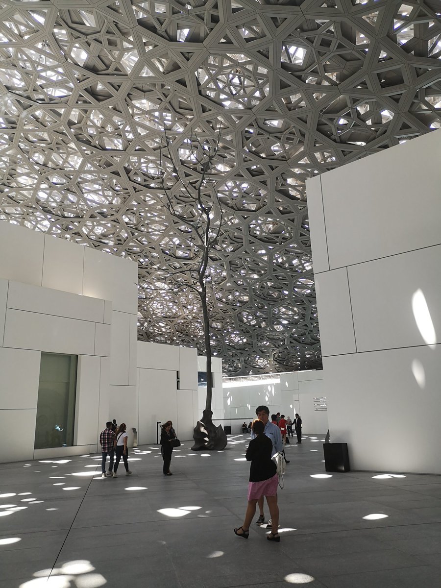 Under the domed roof of Louvre Abu Dhabi. There is a bare tree reaching almost to the top.