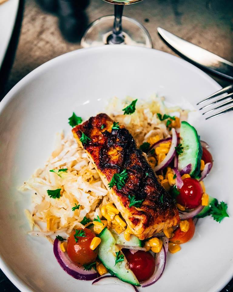 Making any day a little more colourful with this dish! Mango salmon with a soy and honey glaze, served with rice and seasonal vegetables.