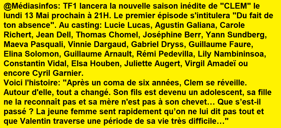 Mediasinfos's tweet photo. La série #Clem avec notamment @LucieLucasOffic et @agustingaliana fera son retour pour une nouvelle saison à partir du Lundi 13 Mai prochain à 21H sur @TF1. https://t.co/IT2fssbz5m