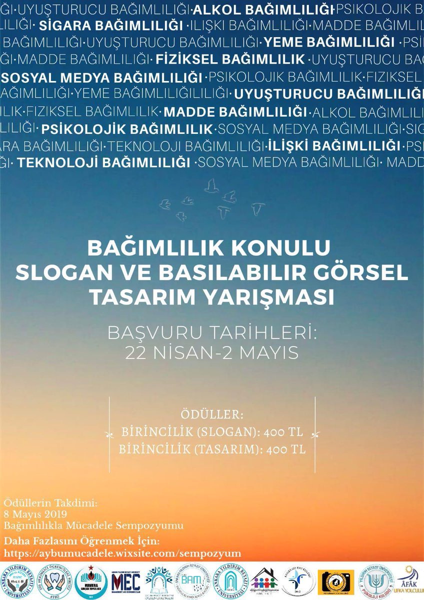 AYBÜ BAĞIMLILIKLA MÜCADELE SEMPOZYUMU @AybuMucadele

```Slogan ve Tasarım Yarışması```

Ayrıntılar: aybumucadele.wixsite.com/sempozyum