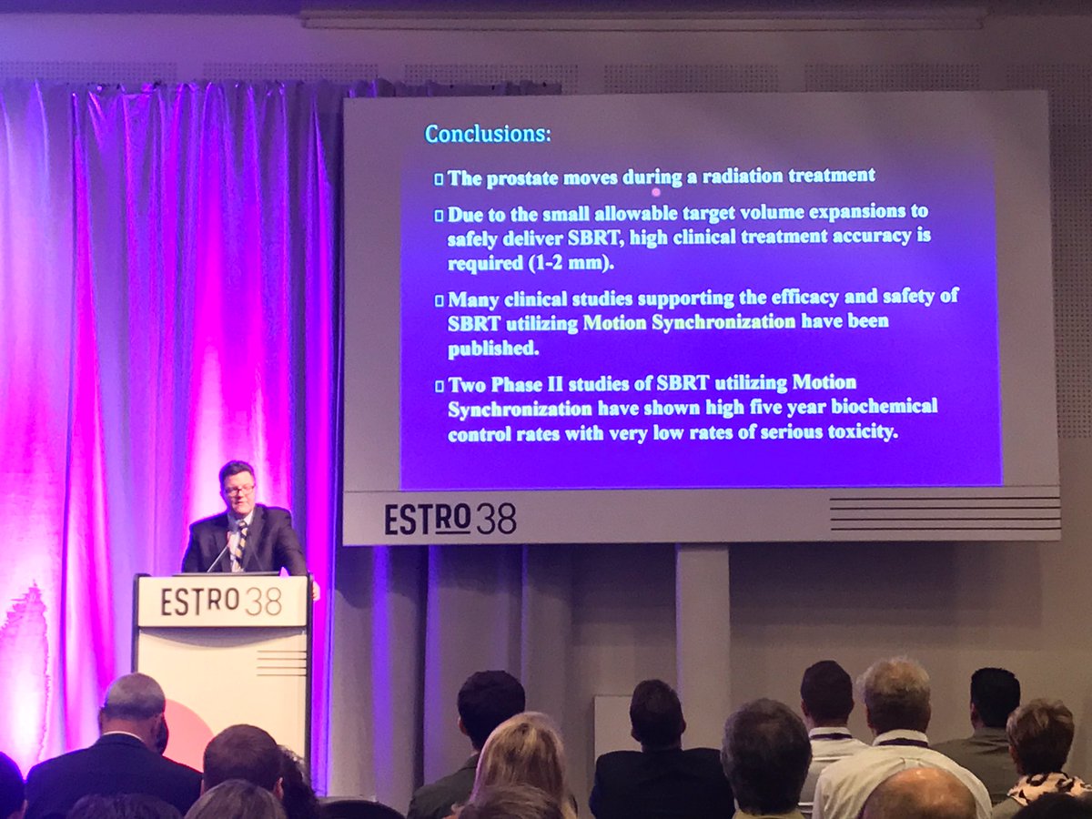 Accuray's tweet photo. “Many clinical studies supporting the efificacy and safety of #SBRT utilizing motion synchronization (#AccuraySynchrony) have been published” Dr. Sean Collins #estro38 #RadOnc https://t.co/NG1DbdkAEj