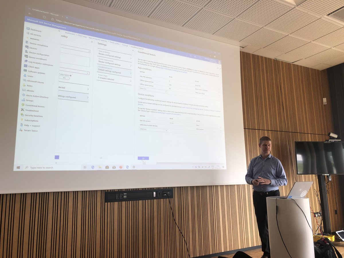 PeterSelchDahl's tweet photo. Sr PM @PerLarsen1975 from #MSFT is talking about “What is Intune app protection and app configuration” at #GlobalAzure #MSIntune #SCUGDK #EWUGDK @MSIntune 🛫☁️🙌 #GABDK #AZUGDK @edgemoDK @Microsoft_dk https://t.co/LO9vOa8GQp