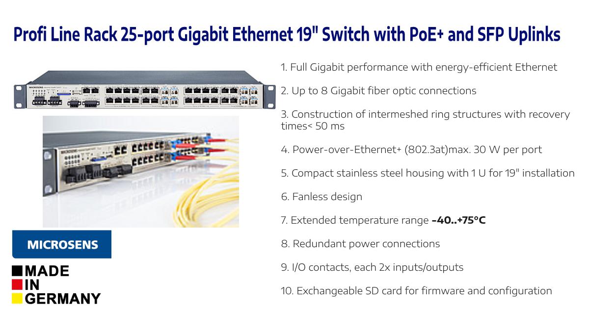 DigitalCloudcom's tweet photo. Profi Line Rack 25-port Gigabit Ethernet 19" Switch with PoE+ and SFP Uplinks.#MICROSENS offers a 25-port Gigabit #Ethernet switch in 19" design. The Profi Line rack switch was developed for use in harsh industrial environments andsets new standards in reliability and performance https://t.co/aJGQgnsuAG
