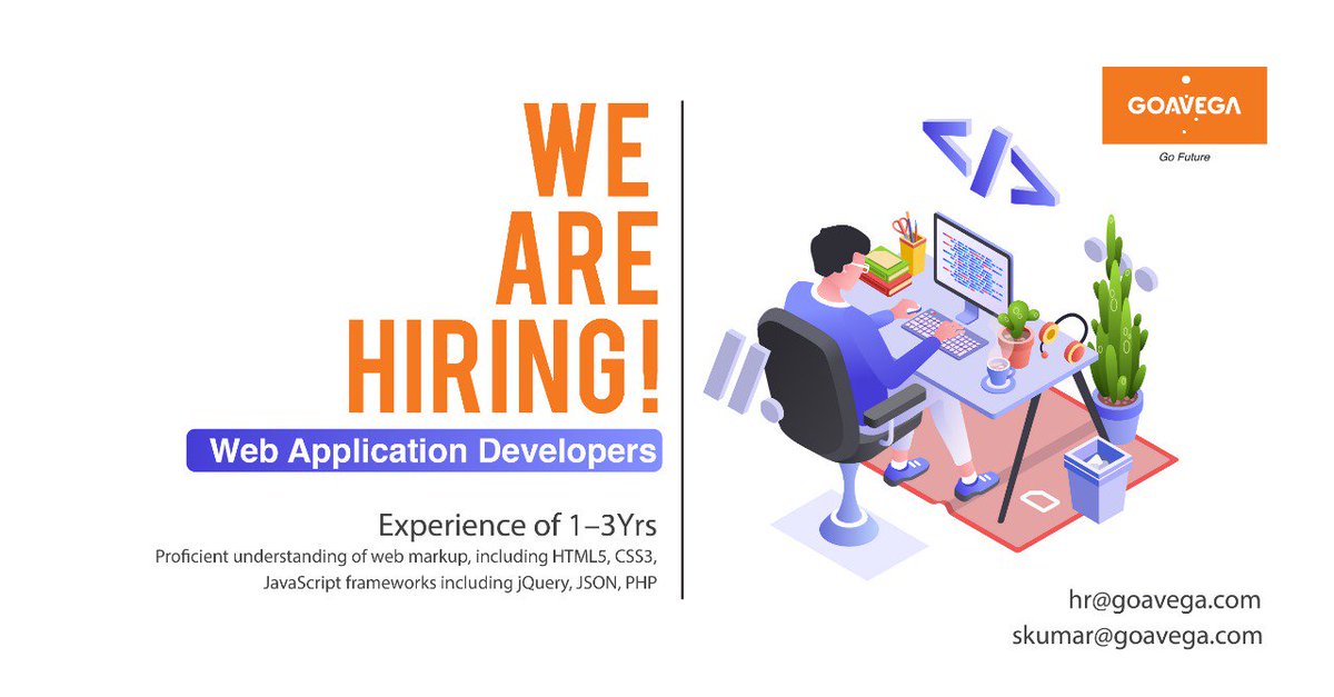 GoavegaSoftware's tweet image. We are looking for a Web Application Developers to join our community.
Send your profile to skumar@goavega.com / hr@goavega.com
#Goavega #WebApplicationDevelopers #hiringalert #hiringtrends