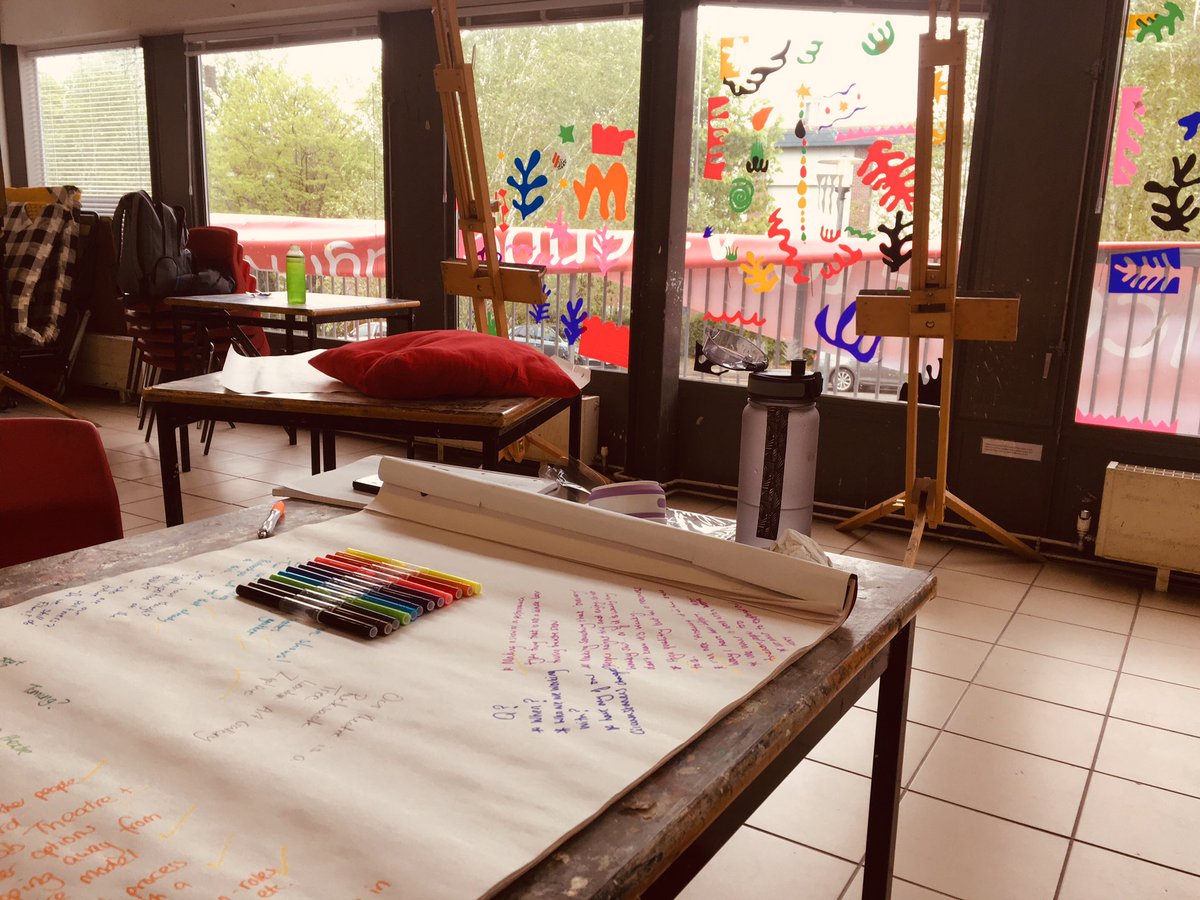 Big thanks to <a href="/MrJohnKirby/">John Kirby</a> &amp; <a href="/AttenboroughAC/">Attenborough Arts Centre</a> for having us in this lovely room for our Big Paper day! Perfect inspiration surrounded by paint splatters &amp; bright colours 🎨 

Then later it’s Flickbook’s next adventure with <a href="/W_Resurgence/">Resurgence</a> 💪 #arthousewrestling #HappySaturday