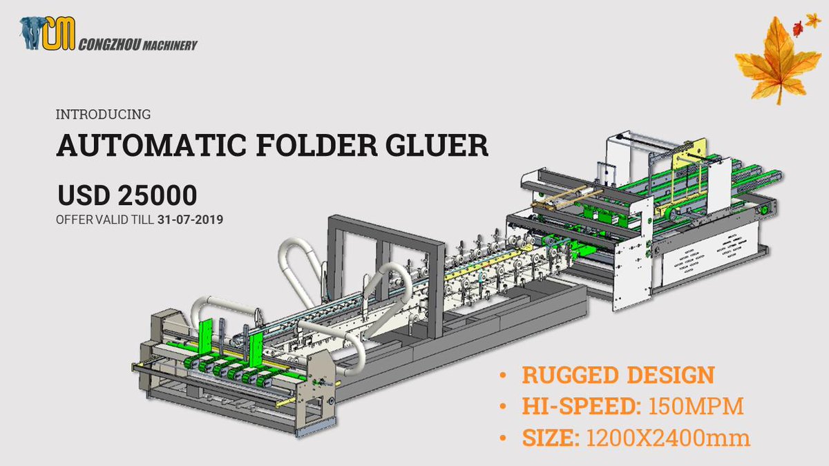 CongzhouMchnry's tweet photo. Automatic Carton Folder Gluer at an amazing price of only $ 25000 valid till 31st July 2019.
Contact Now to know more: +91 9225980113 | 115 or email us : marketing@congzhoumachinery.com

#Autofoldergluer #Flappasting #StrengthInEngineering #CongzhouMachinery https://t.co/B7L7NkSrUI