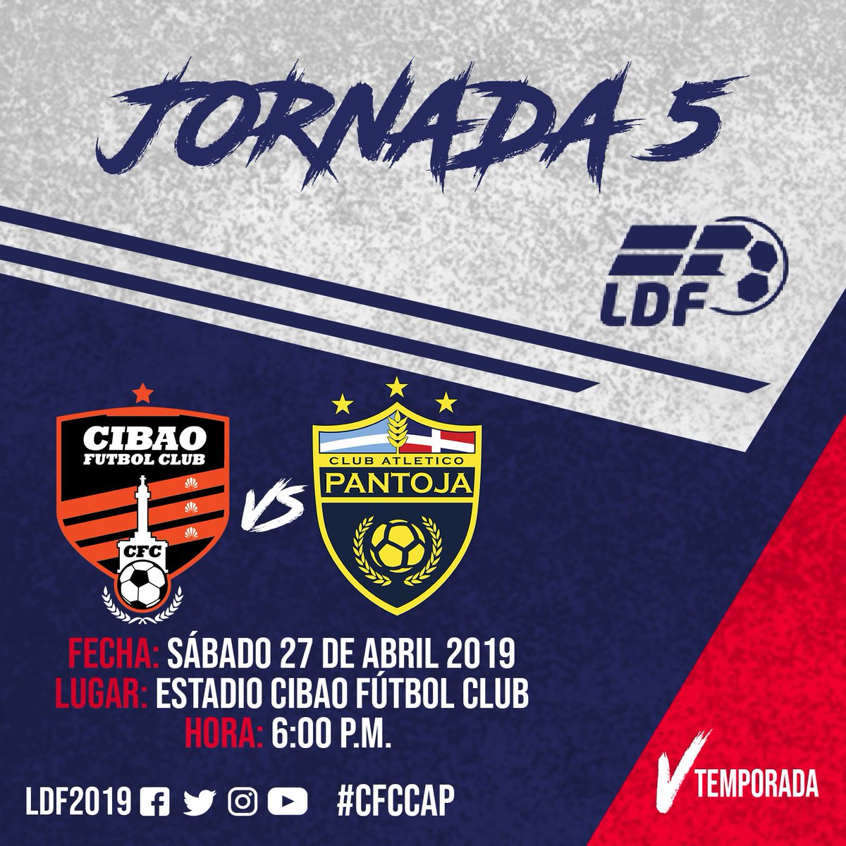LDFcomdo's tweet photo. #LDF2019 | #JORNADA5 

Partidos de Hoy sábado 

@CibaoFC Vs @atleticopantoja 
🏟 Cibao Fútbol Club 🕰 6:00 P.M

@ClubAtleticoSC Vs @delfinesdeleste 
🏟 Panamericano De SC 🕰 4:00 P.M

#Torneodeapertura #pasiónquenosune #CFCCAP #ASCDFC 🔥⚽️🙌 https://t.co/7rtYK4fL6e