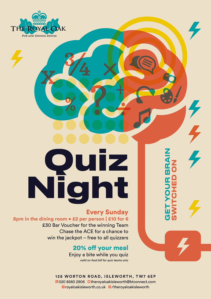 Royal Oak (@royaloaktw7) on Twitter photo Sat ~ Live Music w' Sam & Davey @ 8.30 in the bar. Sun ~ Enjoy a delcious Roast & stay on for our Quiz @ 8pm in the dining room. Chase the Ace Jackpot is now over £1k & every quiz team is in with a chance to win to why not enter a team this weekend. <a href="/OIRFC/">Old Isleworthians RFC</a> Sat ~ Live Music w' Sam & Davey @ 8.30 in the bar. Sun ~ Enjoy a delcious Roast & stay on for our Quiz @ 8pm in the dining room. Chase the Ace Jackpot is now over £1k & every quiz team is in with a chance to win to why not enter a team this weekend. <a href="/OIRFC/">Old Isleworthians RFC</a>