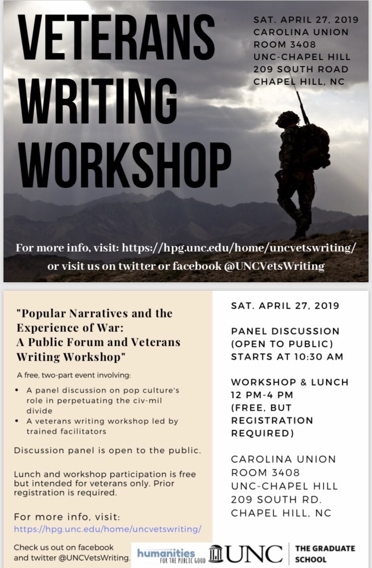 UNCVetsWriting's tweet image. Good morning! 

Today’s the big day — our inaugural event begins with a public panel discussion at 10:30 in the Carolina Union, room 3408. 

A couple of registrants had to unexpectedly drop out, so we’ve got a couple of workshop slots open. No registration req. — just show up!