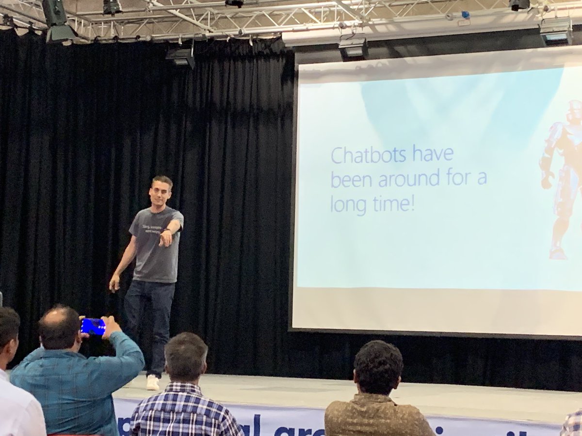 yborghmans's tweet photo. @RickVanRousselt on stage and closing up #SPSDoha with his session: “Bots and language understanding: 2 years after GA” https://t.co/nBHOoKY8Us