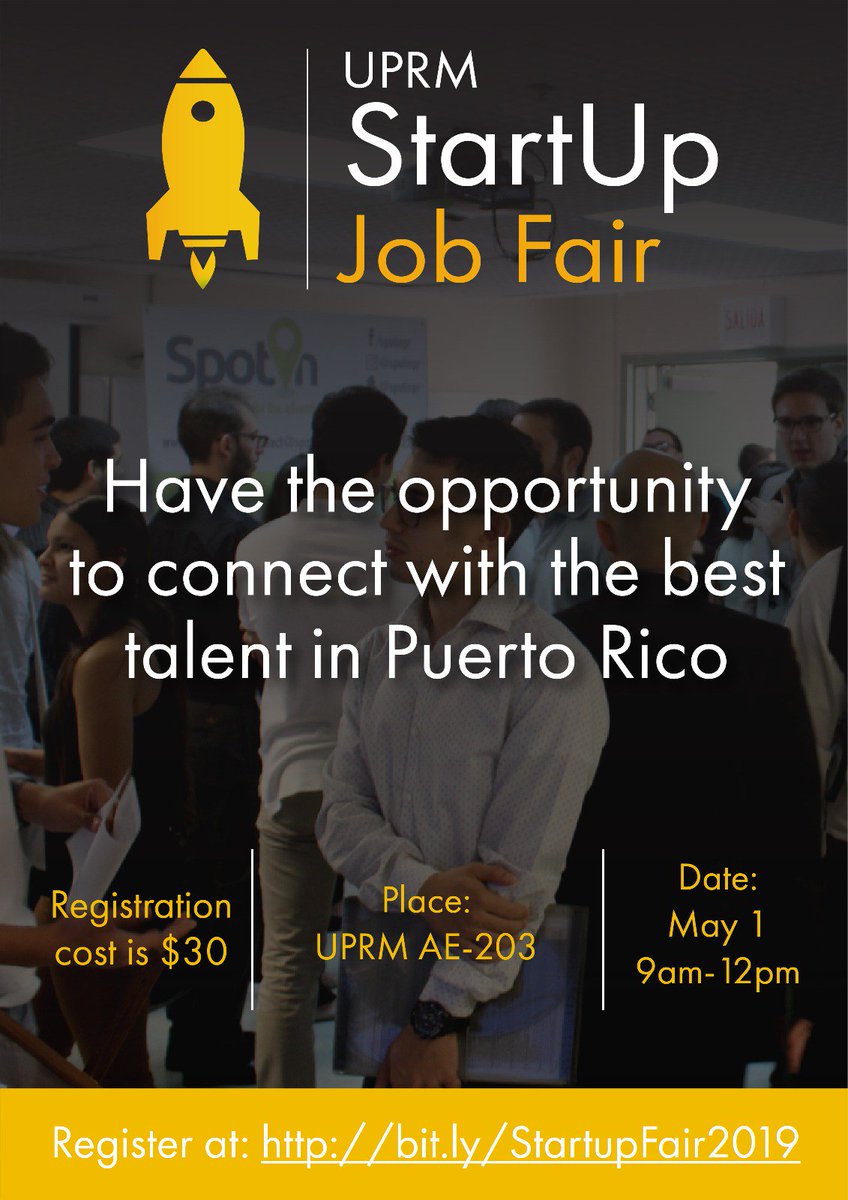 LaIslaOeste's tweet image. #IdeaPlatform #UPRM anuncia 4ta edición Startup Job Fair, 1/mayo 9:am a 12:md, Edif. Adm Empresas (AE-203).
Brindar a estudiantes la posibilidad de obtener experiencia laboral con empresas emergentes.
Registro para startups 👉 bit.ly/StartupFair2019