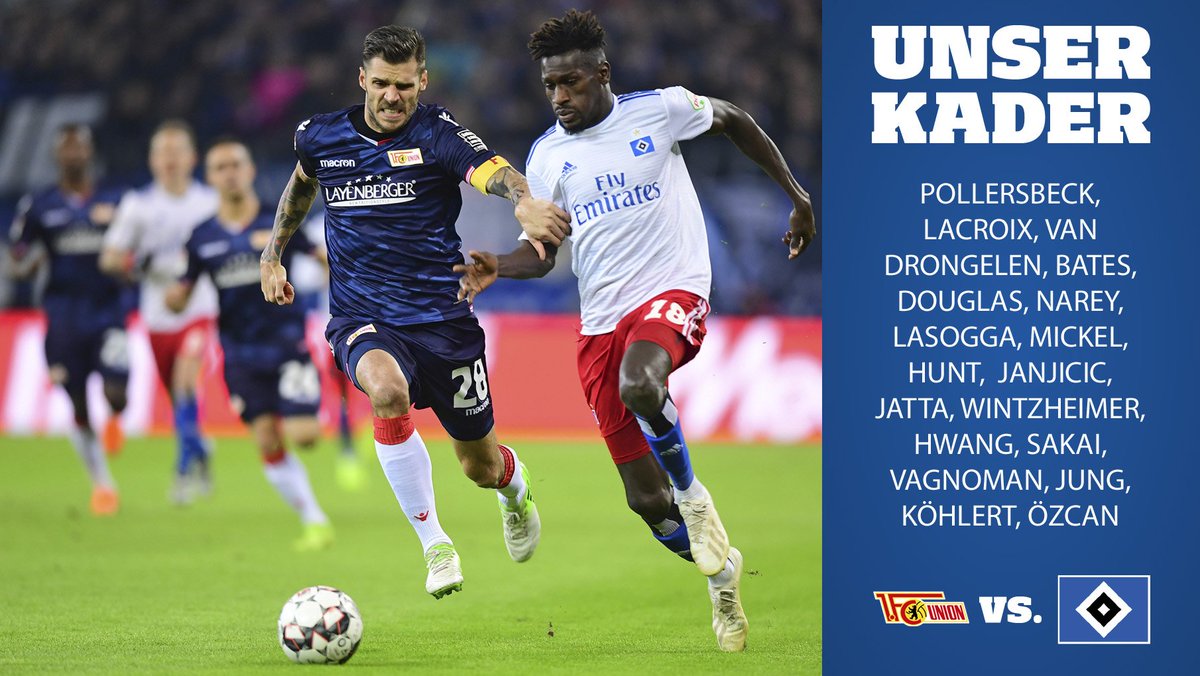 HSV's tweet photo. Das ist unser Kader für das morgige Auswärtsspiel beim @fcunion: #Pollersbeck, #Lacroix, #vanDrongelen, #Bates, #Douglas, #Narey, #Lasogga, #Mickel, #Hunt, #Janjicic, #Jatta, #Wintzheimer, #Hwang, #Sakai, #Vagnoman, #Jung, #Köhlert, #Özcan 🔷 #nurderHSV #FCUHSV https://t.co/YY7Bb9Q4JU