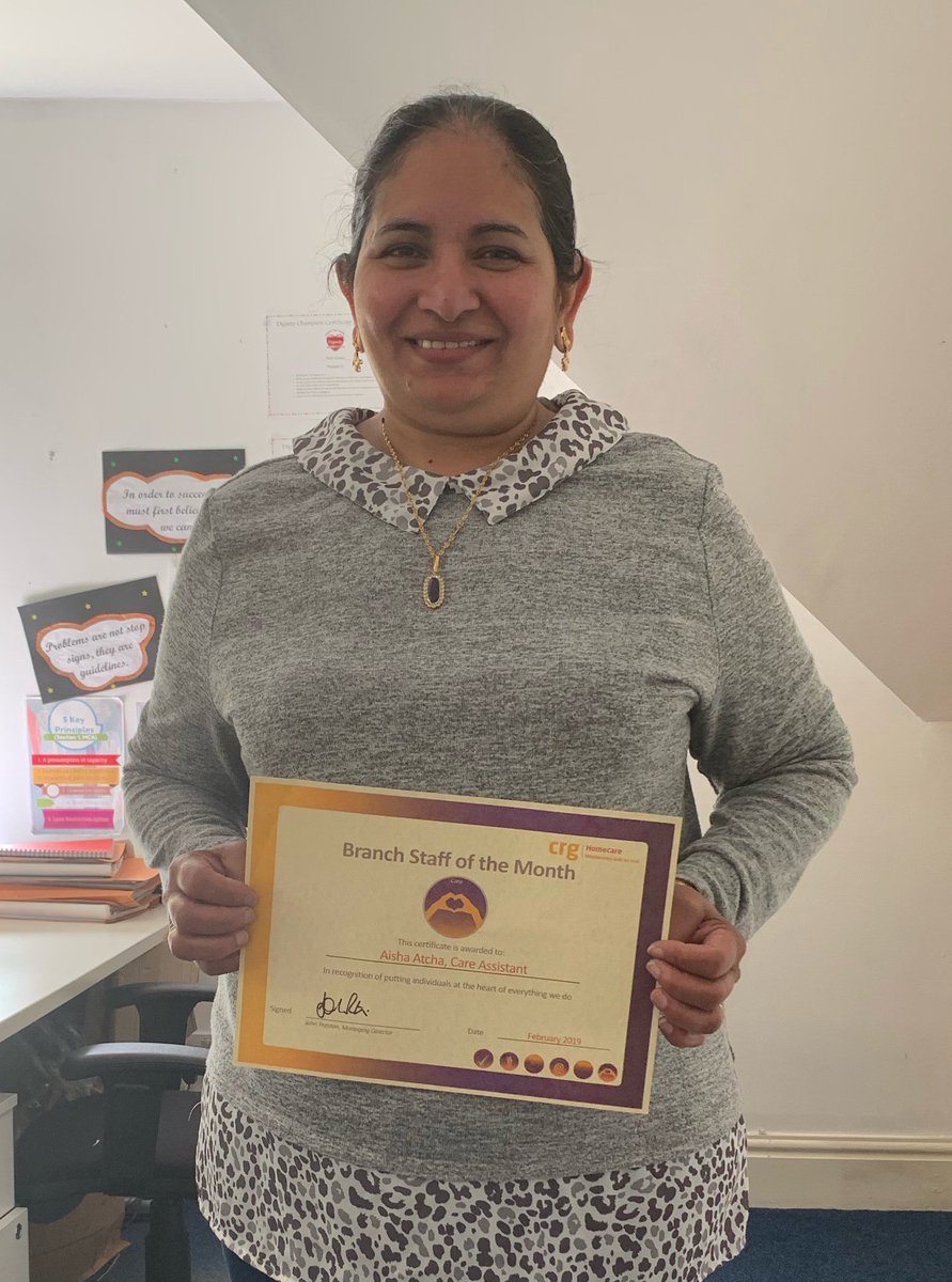 CastlerockRG's tweet photo. Well done to our Care Assistant, Aisha Atcha who has won Employee of the Month for Care. Aisha was awarded EOTM after a  service user's daughter, praised Aisha for going "above and beyond" so that she can spend quality time with her father. #employeeofthemonth #wecare #crgcare https://t.co/6nm7hQU8CN