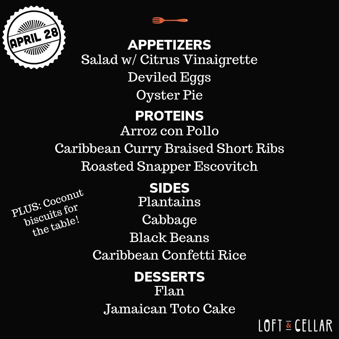 Arroz con Pollo, plantains, Jamaican toto cake — this week's Sunday Supper has gone Caribbean! Check out the menu, and make your reservations for April 28 here: bit.ly/2SYMbCq #cltdining #loftandcellar