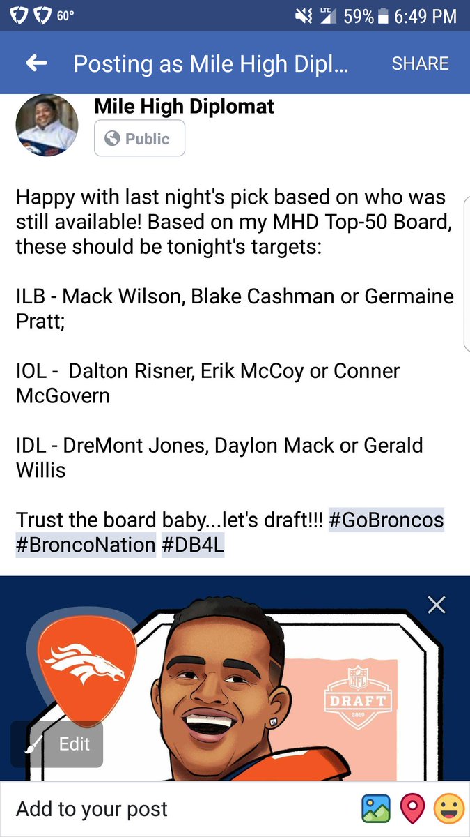 DiplomatHigh's tweet photo. From yesterday. I must say I patted myself on the back a little. #GoBroncos #BroncosDraft #Broncos #BroncosCountry #DB4L https://t.co/8eSSR3qJnt