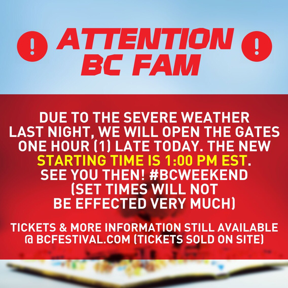 BroccoliCity's tweet photo. 🚨Attention BC fam🚨
Due to the servere weather last night, we will open the gate one hour (1) late today 4/27/2019. The new starting time is 1:00PM EST. See you then! 🥦 #BCWEEKEND19 🥦
Tix & more information still available @ https://t.co/G1R8hpSDn3 https://t.co/oa4O6OBUsw