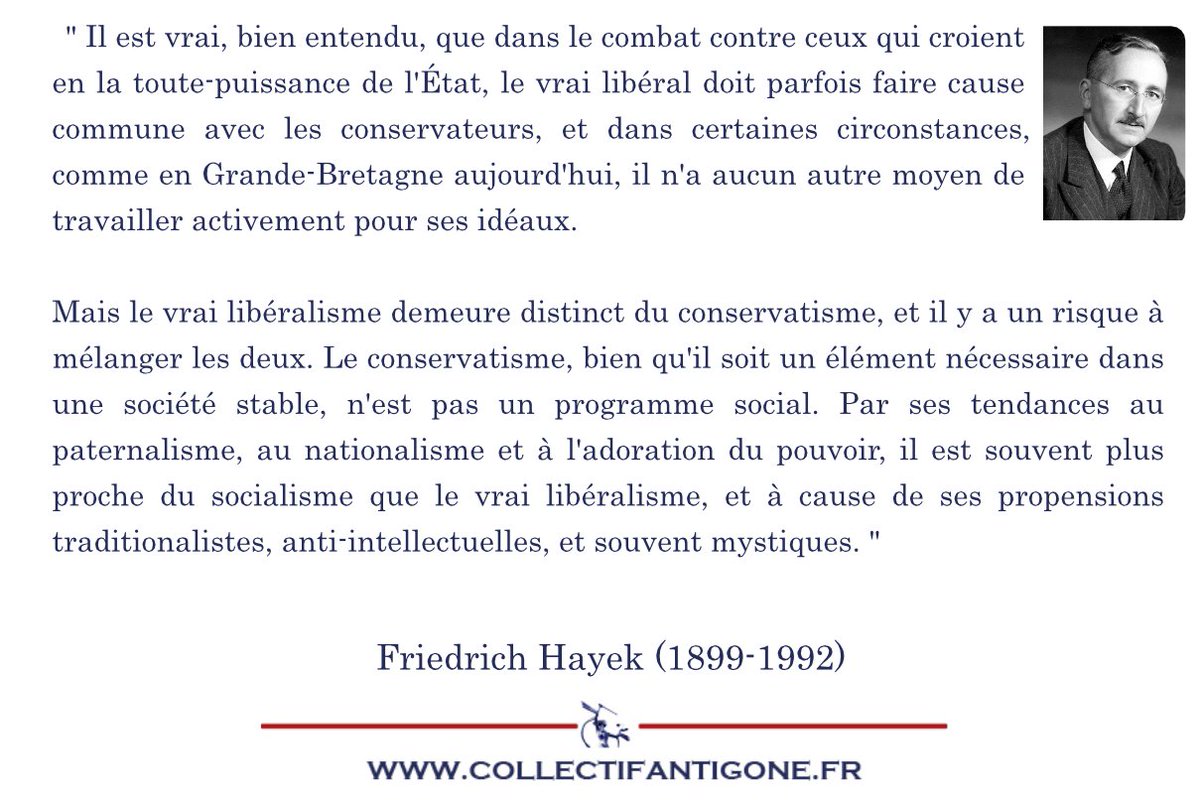 Collec_Antigone's tweet photo. Mais le vrai libéralisme demeure distinct du conservatisme, et il y a un risque à mélanger les deux...  Hayek https://t.co/F7strBfAmH