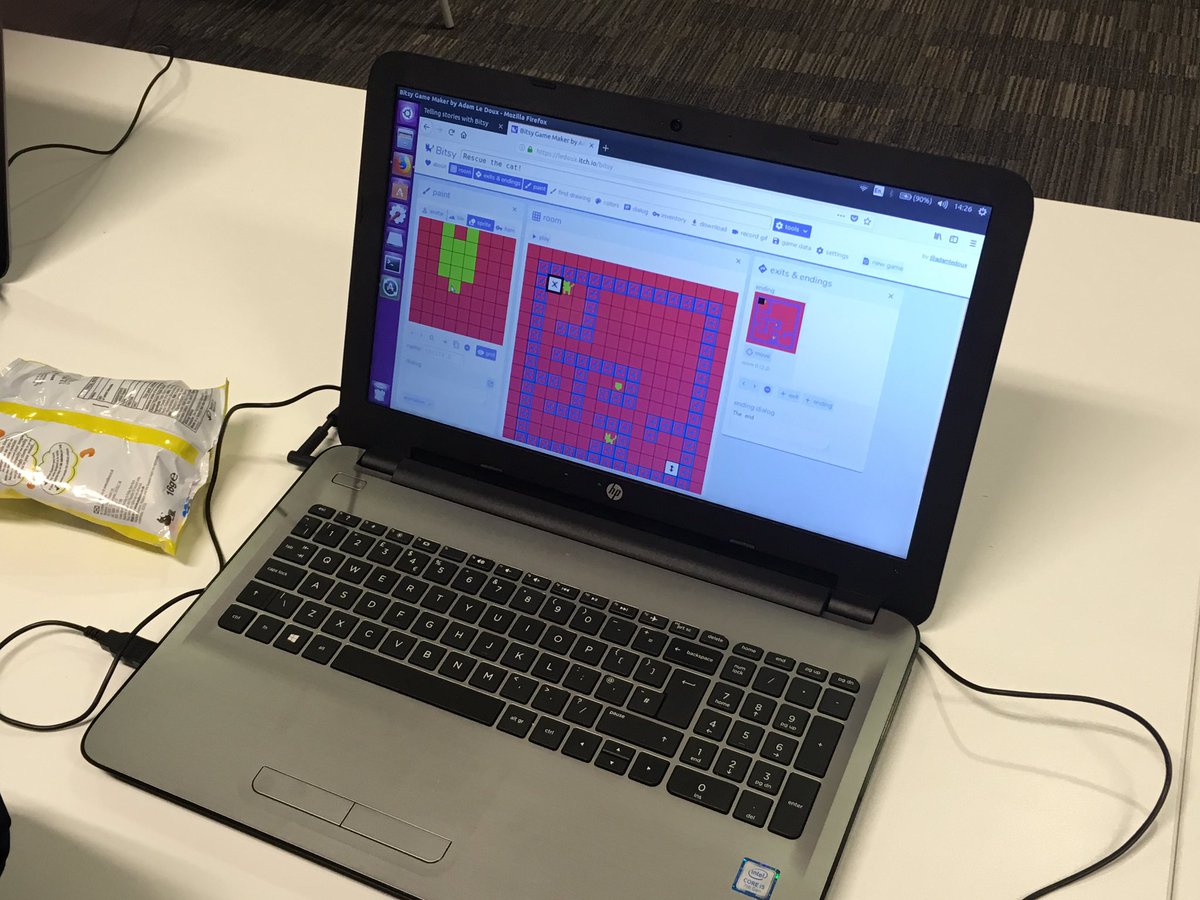 liverpoolcode's tweet image. #bitsy game creation under way at today’s @CodeClub 👾 we’ve got cats that want to collect tickets, autobots that get teleported between levels, and lots more.