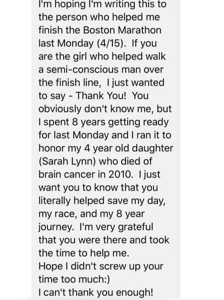mathbosskay's tweet photo. Reading about kindness often leads to other people spreading kindness. I wanted to share this story about my sister finishing the Boston Marathon two weeks ago.  Not only did she PR by over 4 minutes, but she helped a stranger reach his goal as well 😊 https://t.co/3Wq97LsLGD