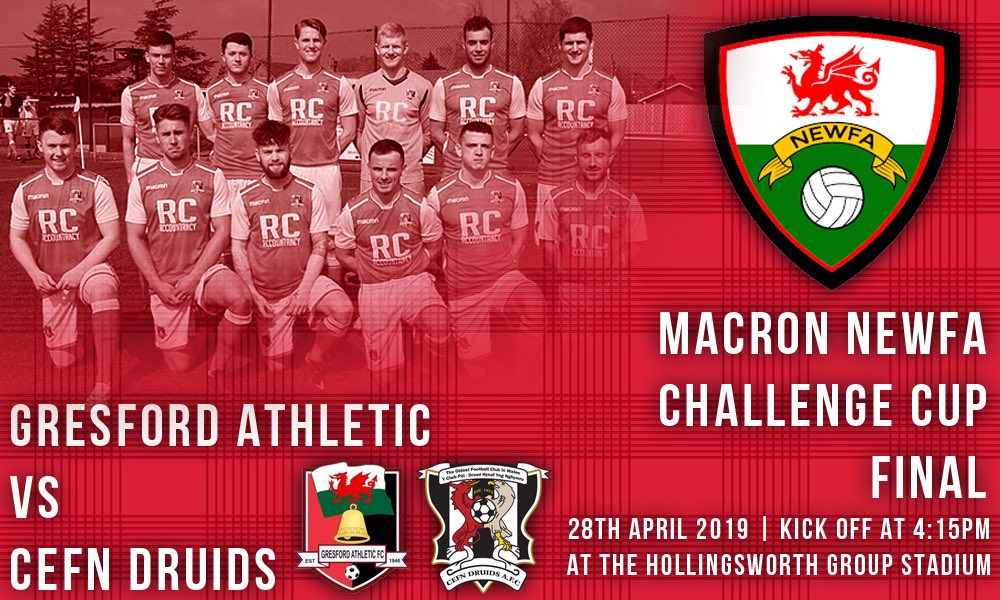 #NEWFACup: Tomorrow, it’s the big one.

It’s the 2018/19 Macron NEWFA Challenge Cup final against <a href="/CefnDruids/">Cefn Druids FC</a>.

Come to The Hollingsworth Group Stadium, support the lads and let’s hope to see <a href="/GresfordFC/">Gresford Athletic FC</a> lift the trophy!

With <a href="/WrexhamBrick/">Wrexham Brickwork</a>, <a href="/SGEstatesUK/">SG Estates</a> and <a href="/ELMHair_Beauty/">Elm Hair&Beauty</a>