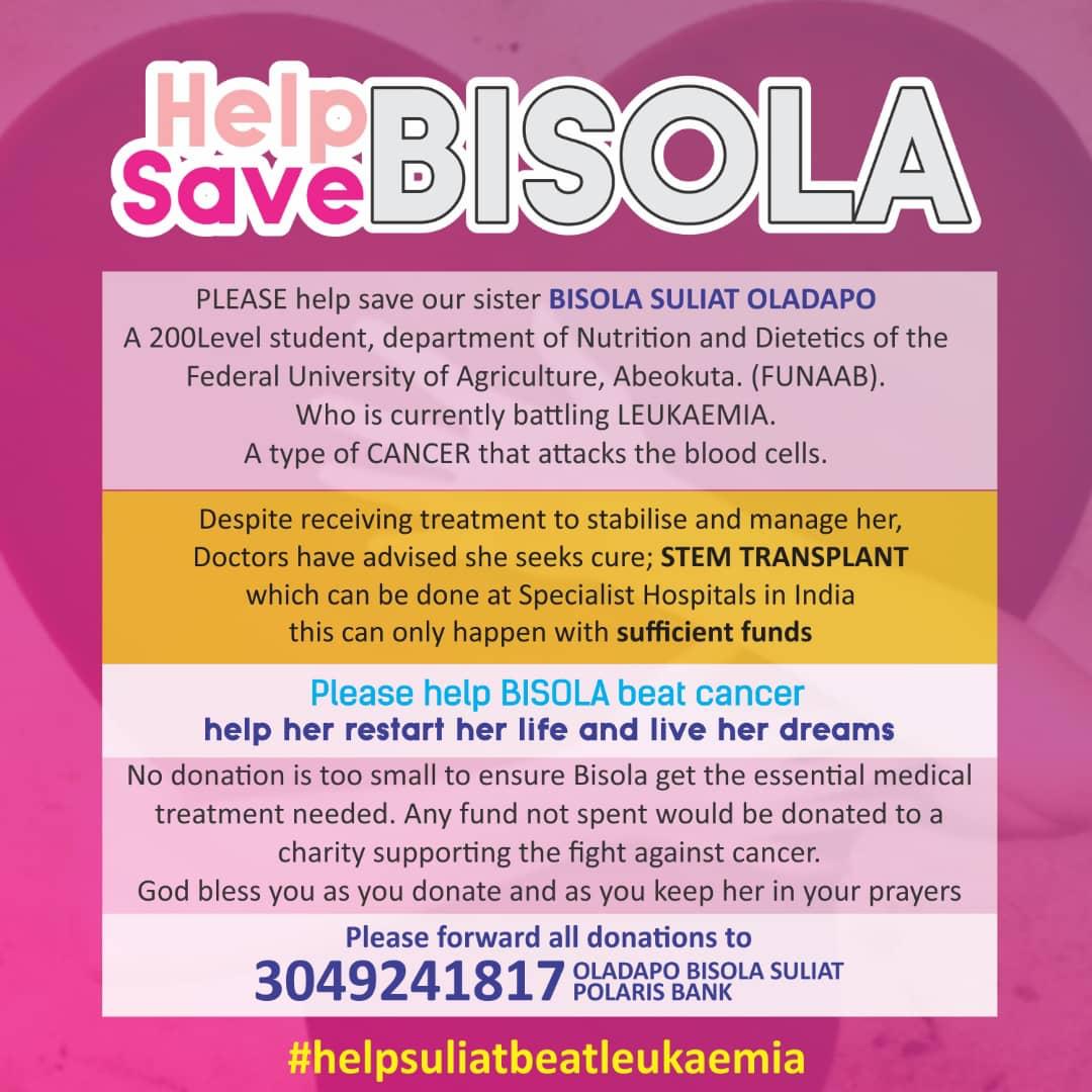 theshortsplug's tweet photo. @PinkOakTrust please help us #SaveBisola, she has been diagnosed of leukemia, she needs funds, please help #SaveBisola
#pinkoak
#donatetobeatcancer
#pinkoakdonor
#wearepinkoak https://t.co/c8vJXvQVEo