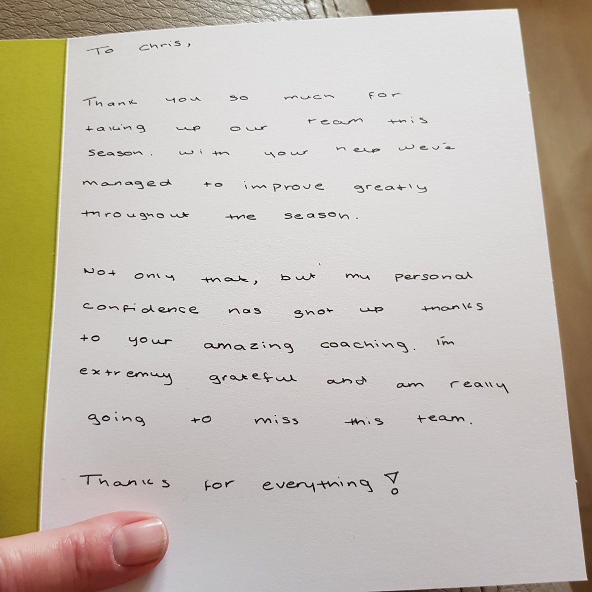 ChrisChewCoach's tweet photo. When you get a thank you card from one of your players and hits you right in the feels.
#coachingmatters #pushthegood https://t.co/b88drPWQqv